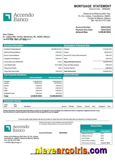 Mexico Accendo Banco mortgage statement Word and PDF template